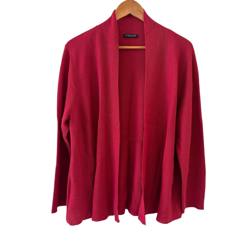 Eileen Fisher Wool Cardigan‎ Sweater 1X Red Open Front Knit Minimalist Capsule